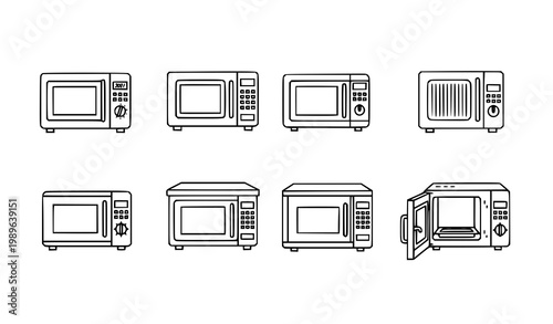Microwave line art vector icon set with detailed kitchen appliance outline designs for home and cooking illustration