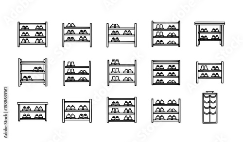 Shoe rack line icon set with storage furniture outline vector illustration for home organization isolated on white background