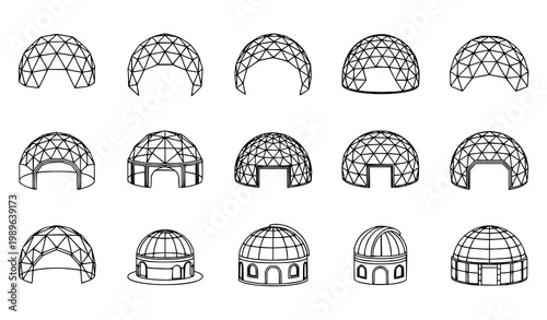 Dome structure line icon set with architectural blueprint outline vector illustration isolated on white background