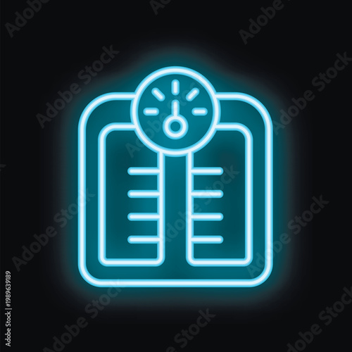 Glowing neon icon of a bathroom scale, representing concepts such as weight loss, fitness, and health