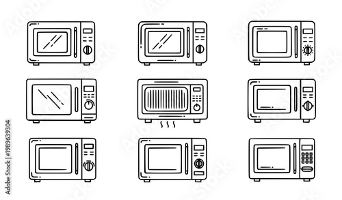 Minimal microwave line art illustration set with kitchen appliance icons for home cooking and modern design isolated on white