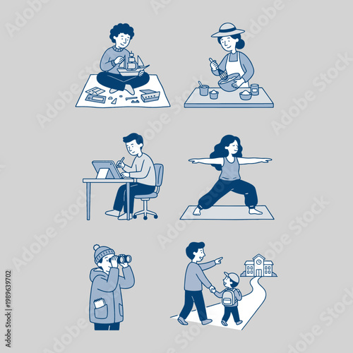 Set of diverse people engaging in various hobbies and daily activities