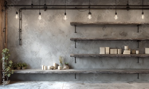 Industrial-chic interior with exposed pipes, Edison bulbs, wooden shelves, and plants