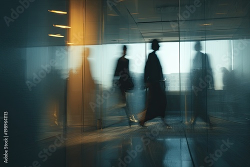 Blurred figures walk through glass-walled space, illuminated with warm light