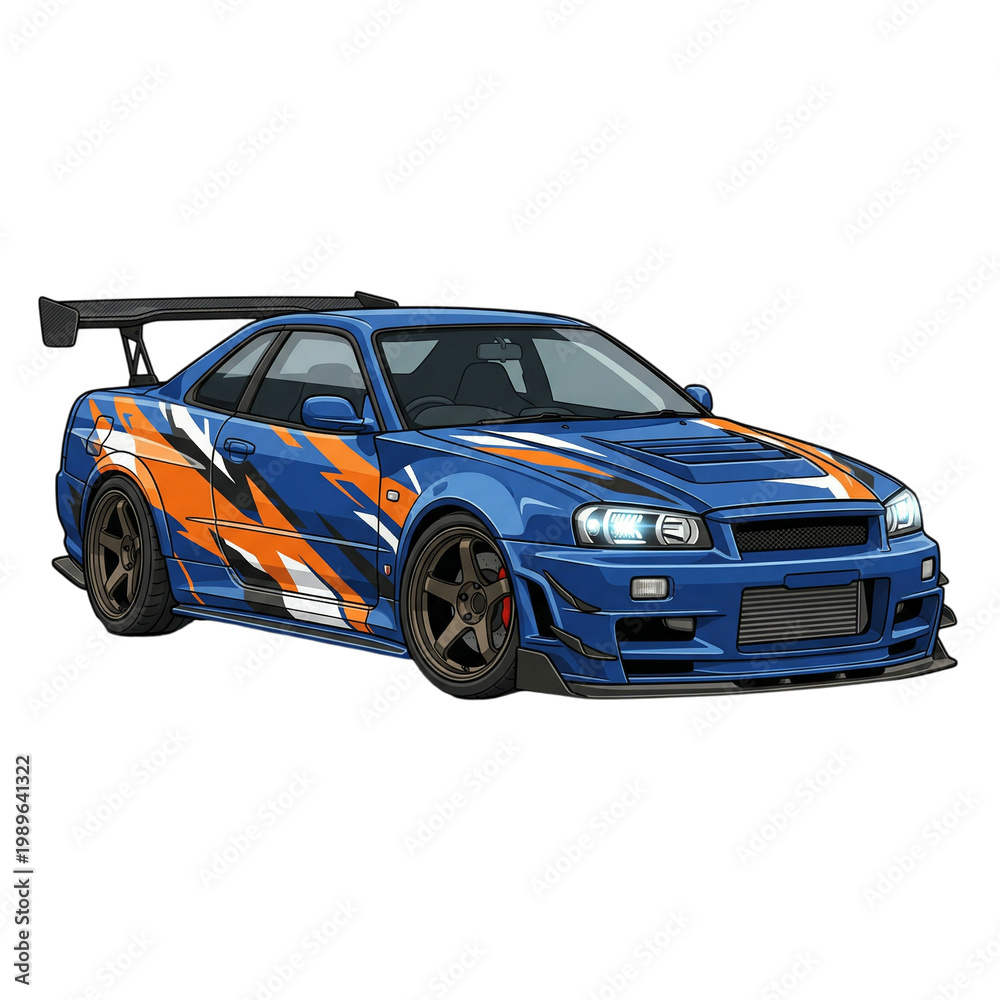 Fototapeta premium Sports car with blue and orange racing stripes on white background 