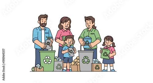Family sorting recyclable waste into separate bins for environmental conservation