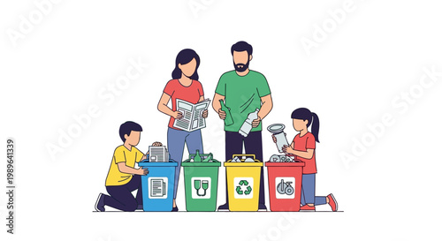 Family sorting recyclable materials into colored bins for eco-friendly waste management