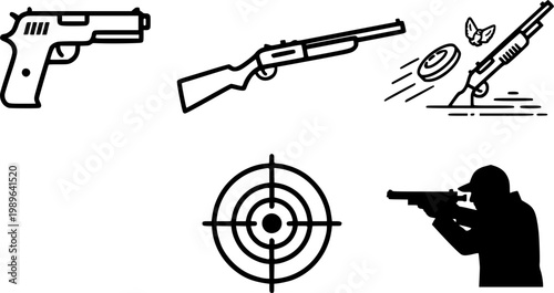 Set of black line icons representing shooting sports and firearm activities, including a pistol, rifle, clay pigeon shooting, a target, and a person aiming a weapon