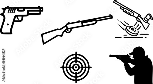 Set of black line icons representing shooting sports and firearm activities, including a pistol, rifle, clay pigeon shooting, a target, and a person aiming a weapon