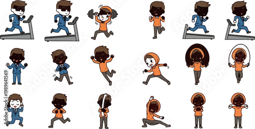 Cartoon fitness characters set with running jumping rope gym workout exercises and active lifestyle poses flat vector illustration
