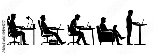 Different work postures, standing desk, office desk, sitting desk