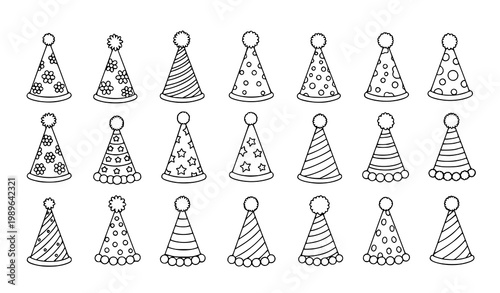 Hand Drawn Birthday Party Hat Doodle Set with Flowers Stars and Pom Poms Celebration Vector Outline Collection