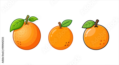 Three oranges with green leaves on a white background