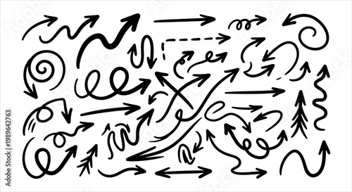 Dynamic collection of abstract hand-drawn direction arrows for graphic design projects
