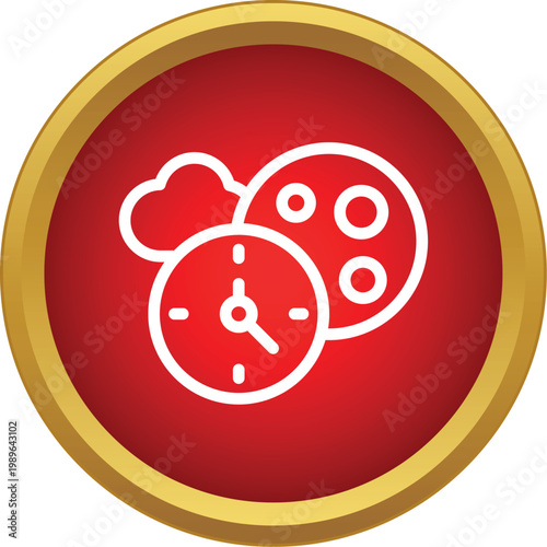 Night time symbol featuring a moon, clock, and cloud outline on a red background
