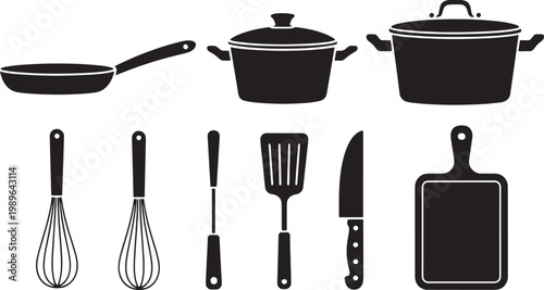 Black and white collection of kitchen utensils and cookware cooking