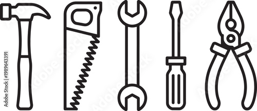 Black and white line of five common hand tools arranged horizontally hammer wrench