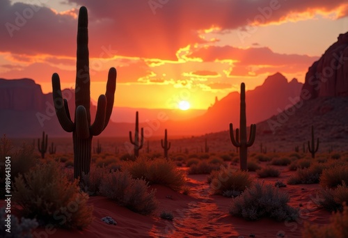 Radiant Sunset Over Cacti and Red Rock Formations in an Arid Desert Scene