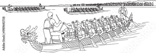 Black and White Line Art Illustration of Dragon Boat Racing Competition