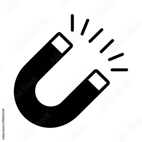 Vector of a black horseshoe magnet with magnetic field lines emanating from it