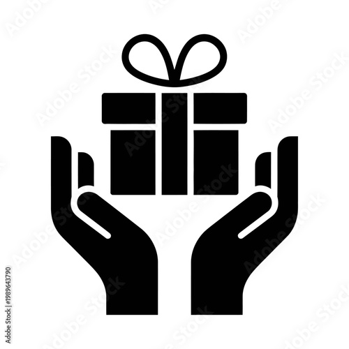 Vector graphic of two hands holding a gift box with a ribbon on top.