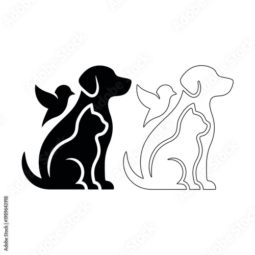 Dog, cat, and bird silhouettes side-by-side with outline version keywords: dog, cat, bird, pet