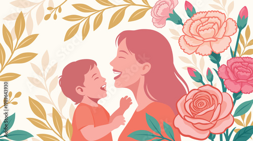 Happy Mother and Child Floral Illustration with Warm Family Love Concept