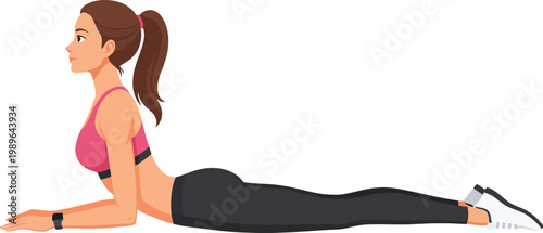 Woman doing Cobra yoga pose in vibrant pink sports bra and black leggings in bright lighting for fitness and wellness Isolated on white background