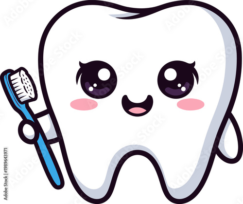 Tooth mascot holding a blue toothbrush vector illustration depicting a cute dental character for kids medical care design projects, featuring a friendly smiling molar graphic icon suitable for pediatr
