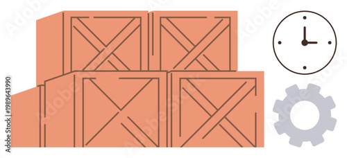 Logistics, supply chain, warehouse operations, time management, inventory control, productivity. Wooden crates stacked together with a clock and gear. Logistics and supply chain