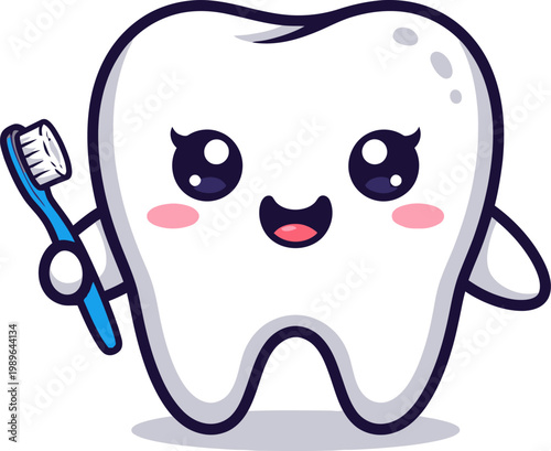 Cute cartoon tooth character vector illustration holding a blue toothbrush, smiling happily on a clean white background. This cheerful graphic design depicts oral hygiene, dental care, and healthy tee
