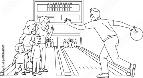 Family Bowling Activity Line Art Illustration for Leisure and Recreation Concepts