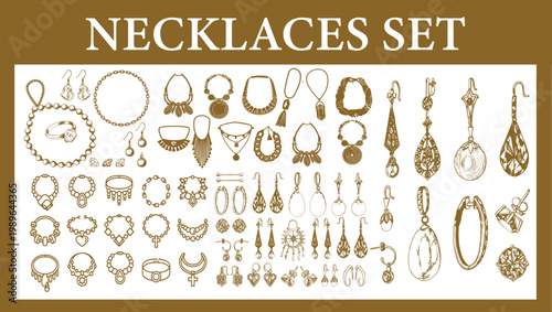 Vintage Jewelry Collection Vector Set: Hand-Drawn Sketch of Elegant Earrings, Necklaces, and Pendants – Antique Boho Style Bijouterie and Filigree Accessories for Fashion Branding and Luxury Design