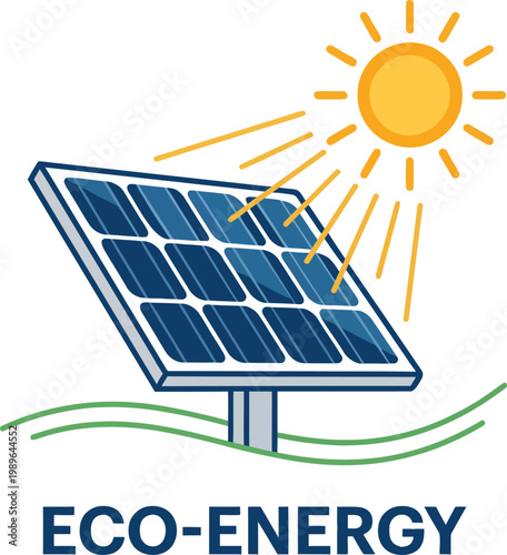 A solar panel angled towards a bright yellow sun with orange rays emanating from it, set against a white