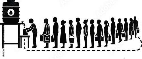 Black silhouette of people in a line receiving water from a large dispenser with a tap on a white