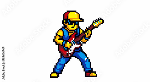 Pixel Art Musician Playing Electric Guitar, Retro Video Game Style
