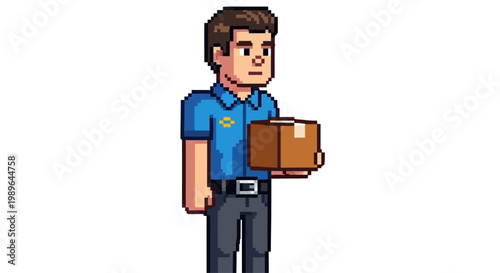 Pixel Art Delivery Man Holding Package Box, Courier Service Character