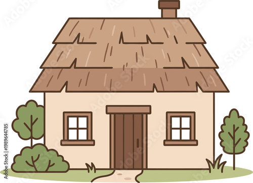 Charming thatched cottage with two windows a wooden door and two green trees on a white background