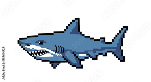 Pixel art shark, retro game style, blue ocean predator with sharp teeth