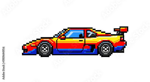 Retro Pixel Art Sports Car, 8-bit Racing Vehicle, Vintage Auto Design