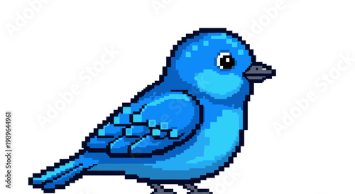 Pixel Art Blue Bird, Cute Avian Character, Isolated White Background