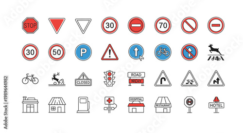 Collection of traffic and road signs, icons for navigation and safety