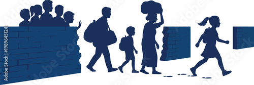 Silhouettes of people walking past a blue brick wall with footprints family children