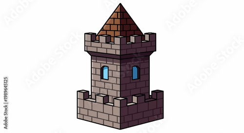 Pixel Art Medieval Castle Tower with Stone Walls and Brown Roof