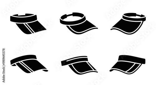 Set of Black Sun Visor Hats Icons, Various Angles, Sportswear Accessories