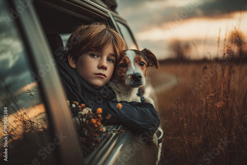 A contemplative boy with a dog gazes out the window during a sunset drive, capturing a moment of companionship.