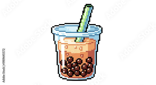 Pixel Art Boba Tea Drink with Tapioca Pearls and Straw