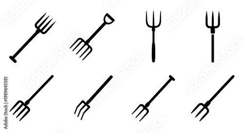 Collection of Garden Forks and Pitchforks Icons, Agricultural and Gardening Tools