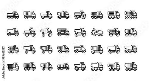 Collection of Industrial Truck Icons: Dump Trucks, Excavators, Construction Vehicles - Vector Set