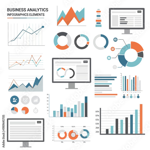 Business Analytics Infographics Elements: Charts, Graphs, Data Visualization, Monitors